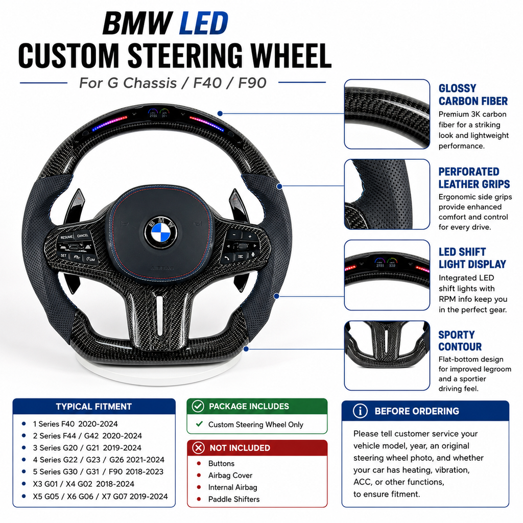 BMW LED carbon fiber steering wheel with perforated leather grips and RPM display for G02 G05 G06 G20 G30 G80 F40 F90 models by CJ Mod Garage