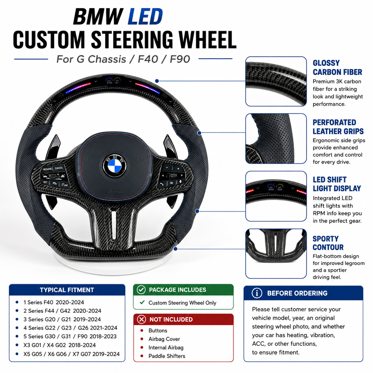 BMW LED carbon fiber steering wheel with perforated leather grips and RPM display for G02 G05 G06 G20 G30 G80 F40 F90 models by CJ Mod Garage