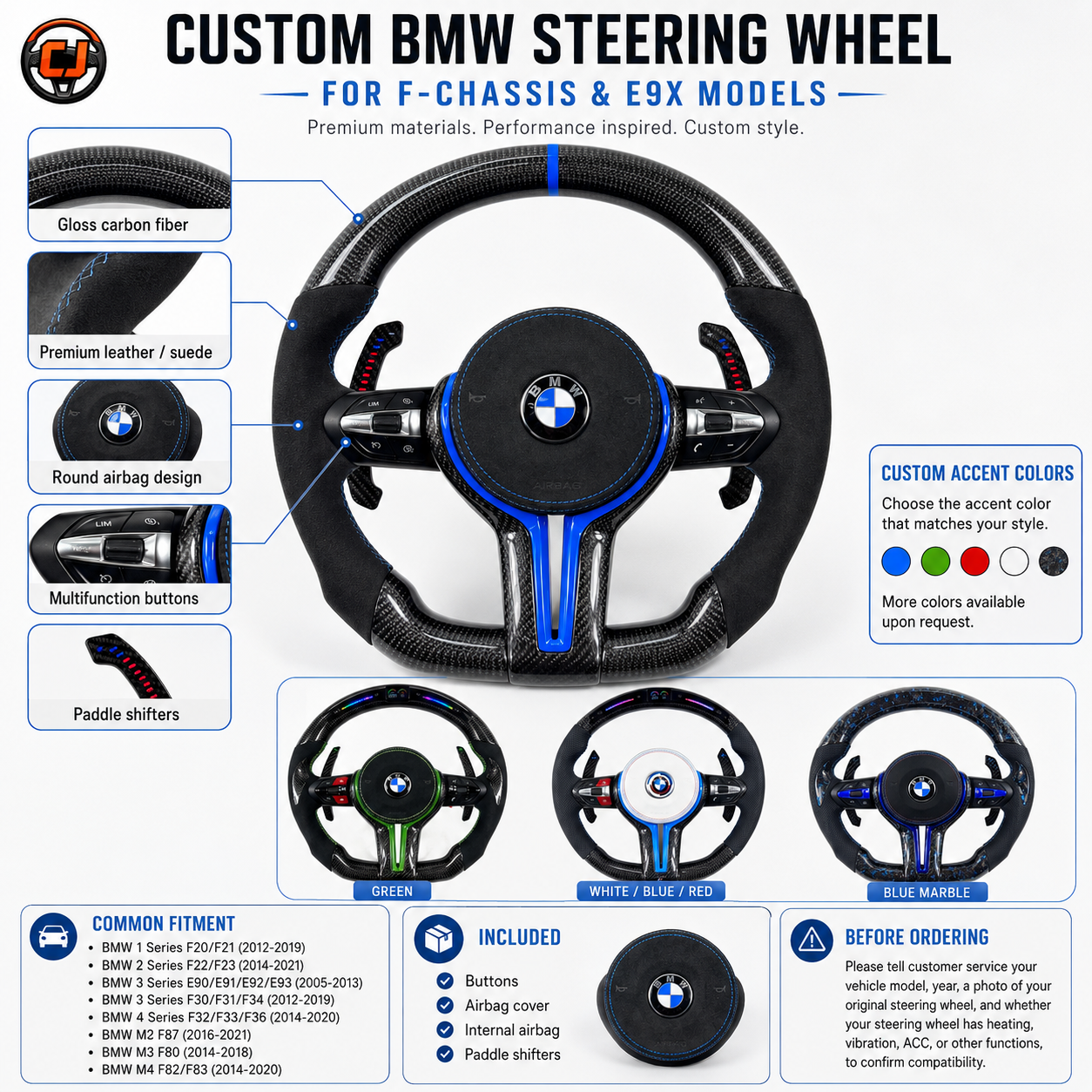 BMW custom steering wheel for F-chassis and E9X models featuring gloss carbon fiber, suede leather grips, round airbag design, multifunction buttons, LED paddle shifters, compatible with BMW F10 F11 F15 F18 F20 F23 F25 F30 F32 F35 F40 F80 E84 E87 E90 E92 E93
