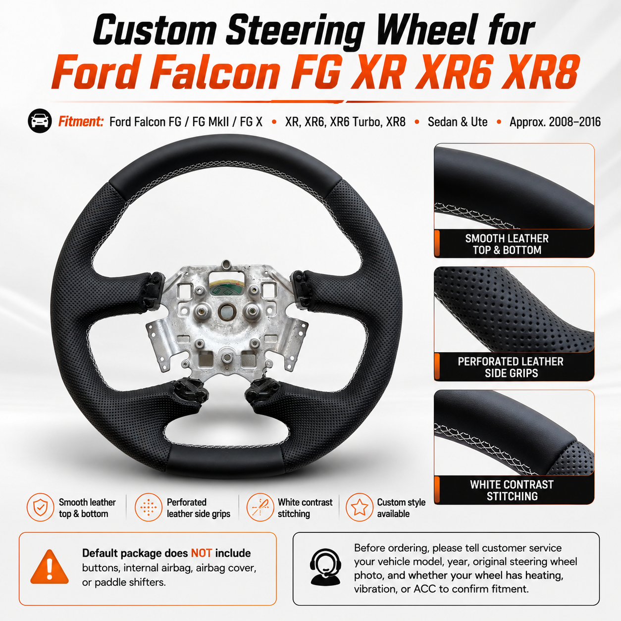 Ford Falcon FG XR XR6 XR8 custom steering wheel infographic showing smooth black leather perforated leather grips and white stitching by CJ Mod Garage
