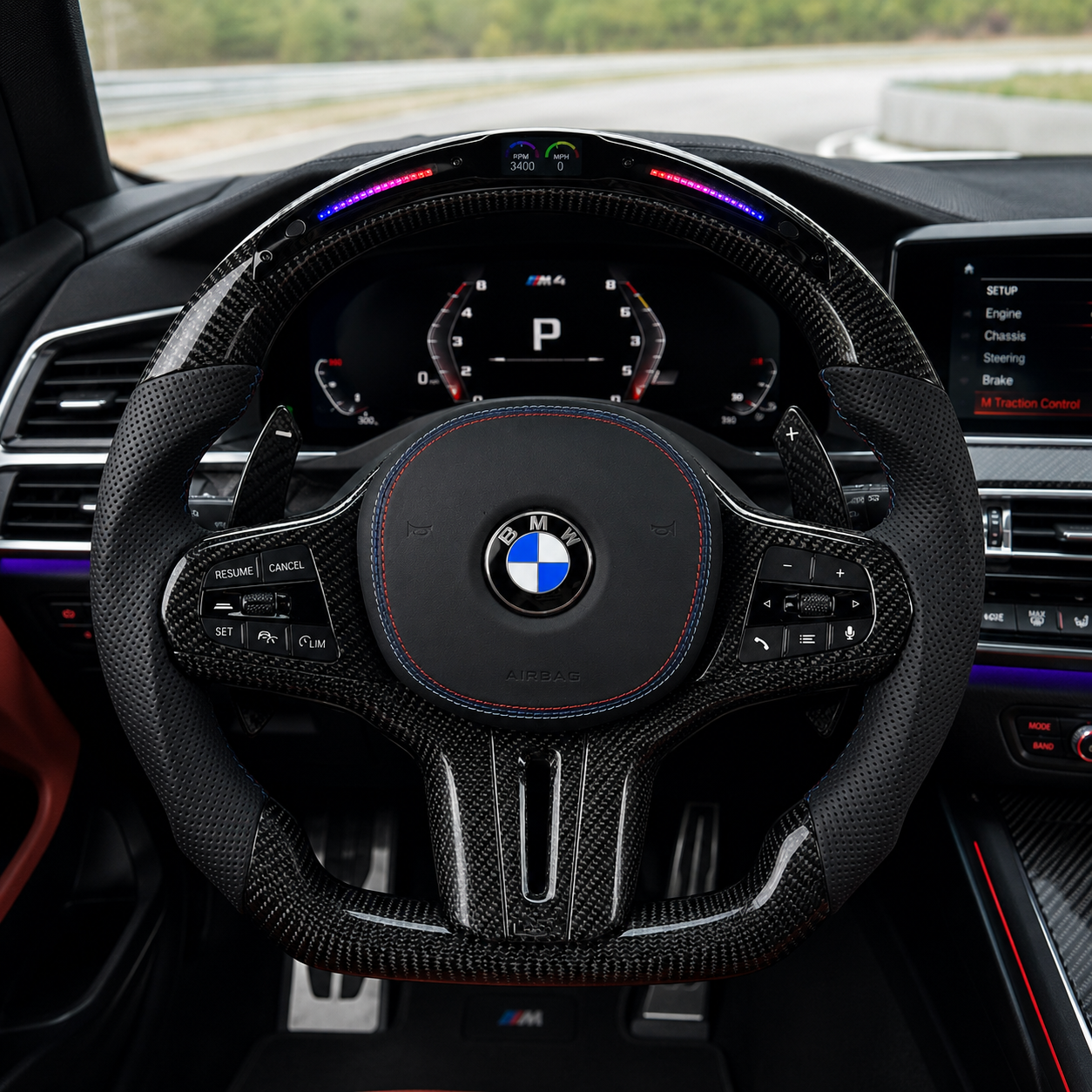 Custom BMW steering wheel with integrated LED shift lights, gloss carbon weave and sporty flat-bottom profile for G09 G11 G12 G15 G22 G29 G38 by CJ Mod Garage