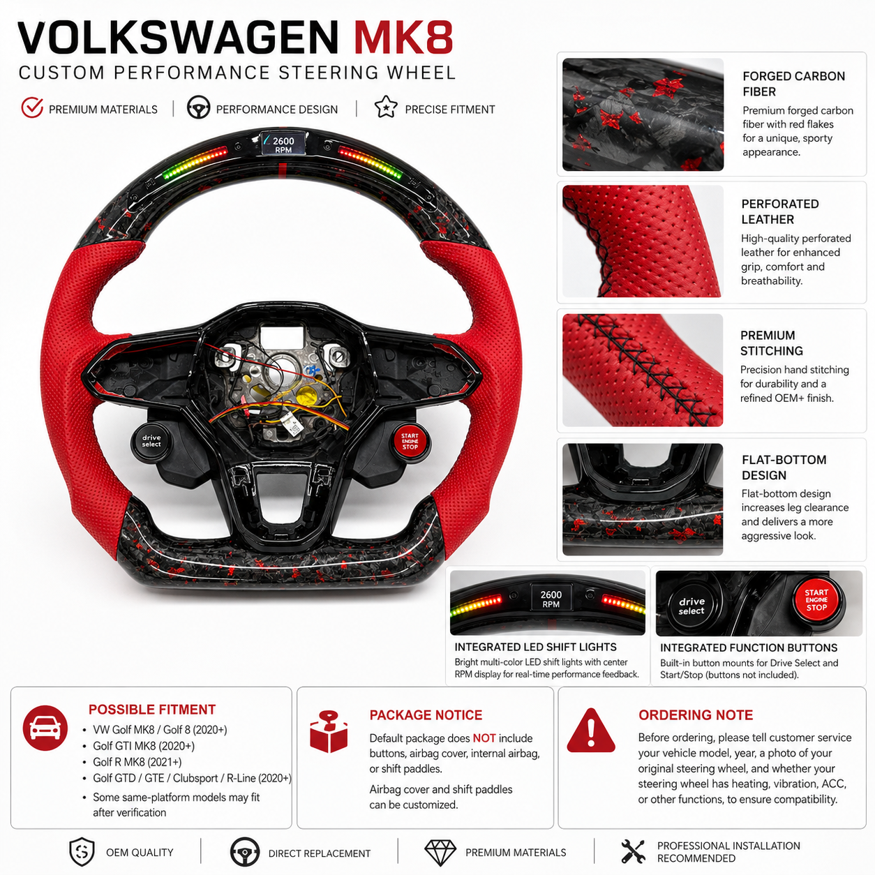 Handcrafted forged carbon steering wheel with integrated start stop button drive select control and red leather finish for Golf 8 MK8 Passat Touareg Tiguan Polo GTD MK7 MK6 R Line CC Jetta by CJ Mod Garage