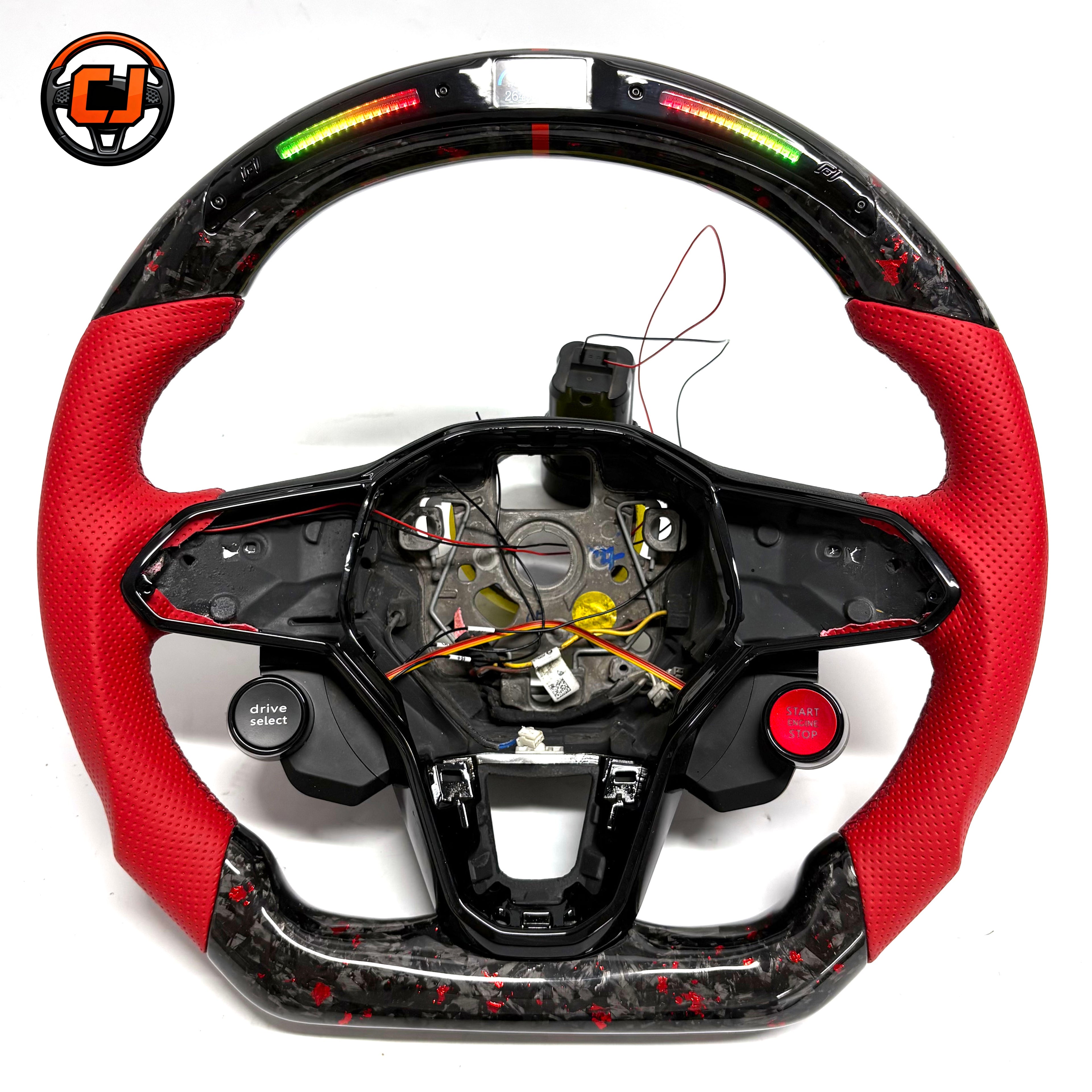 Custom MK8 performance steering wheel featuring forged carbon red flakes LED shift lights flat bottom design and sport leather grips for Golf 8 MK8 Passat Touareg Tiguan Polo GTD MK7 MK6 R Line CC Jetta by CJ Mod Garage