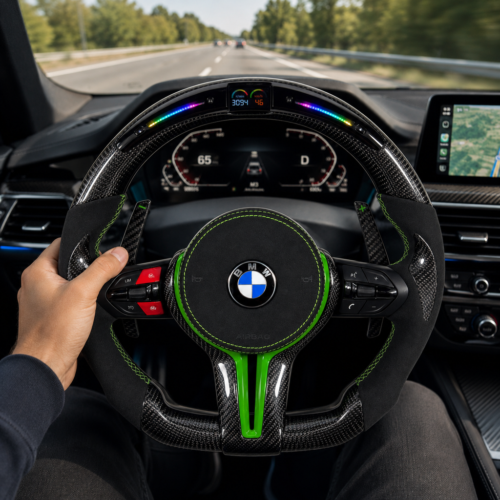 Custom BMW carbon fiber steering wheel with green center stripe, Alcantara suede grips, LED shift light display, and carbon paddle shifters installed in BMW F10 F11 F15 F18 F20 F23 F25 F30 F32 F35 F40 F80 E84 E87 E90 E92 E93 interior driving scene