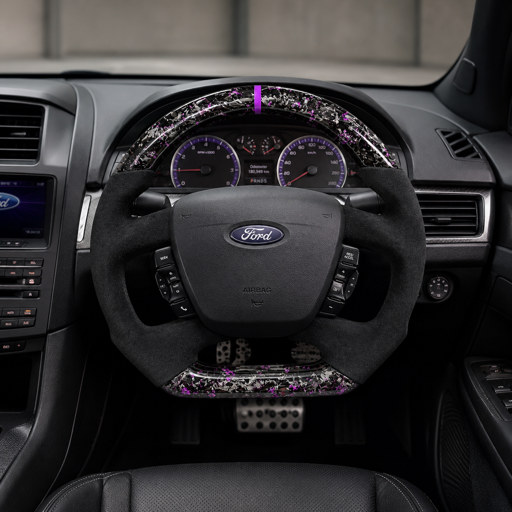 Ford Falcon FG XR XR6 XR8 custom steering wheel infographic showing purple forged carbon black suede grip purple center stripe by CJ Mod Garage