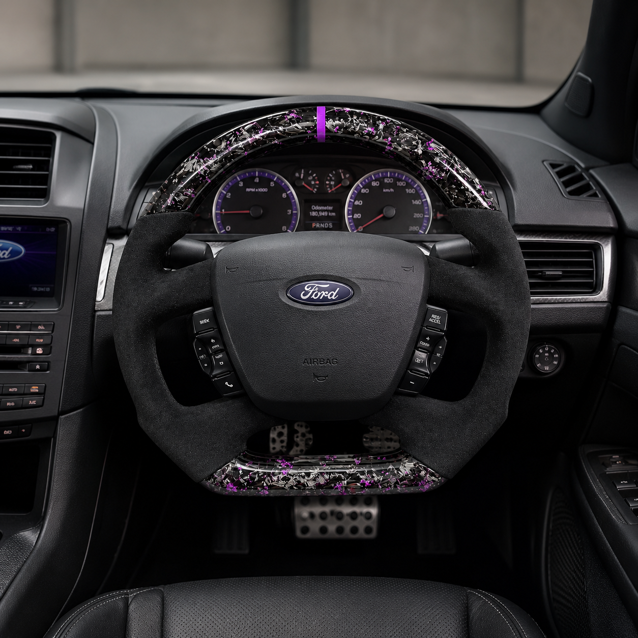 Ford Falcon FG XR XR6 XR8 custom steering wheel infographic showing purple forged carbon black suede grip purple center stripe by CJ Mod Garage