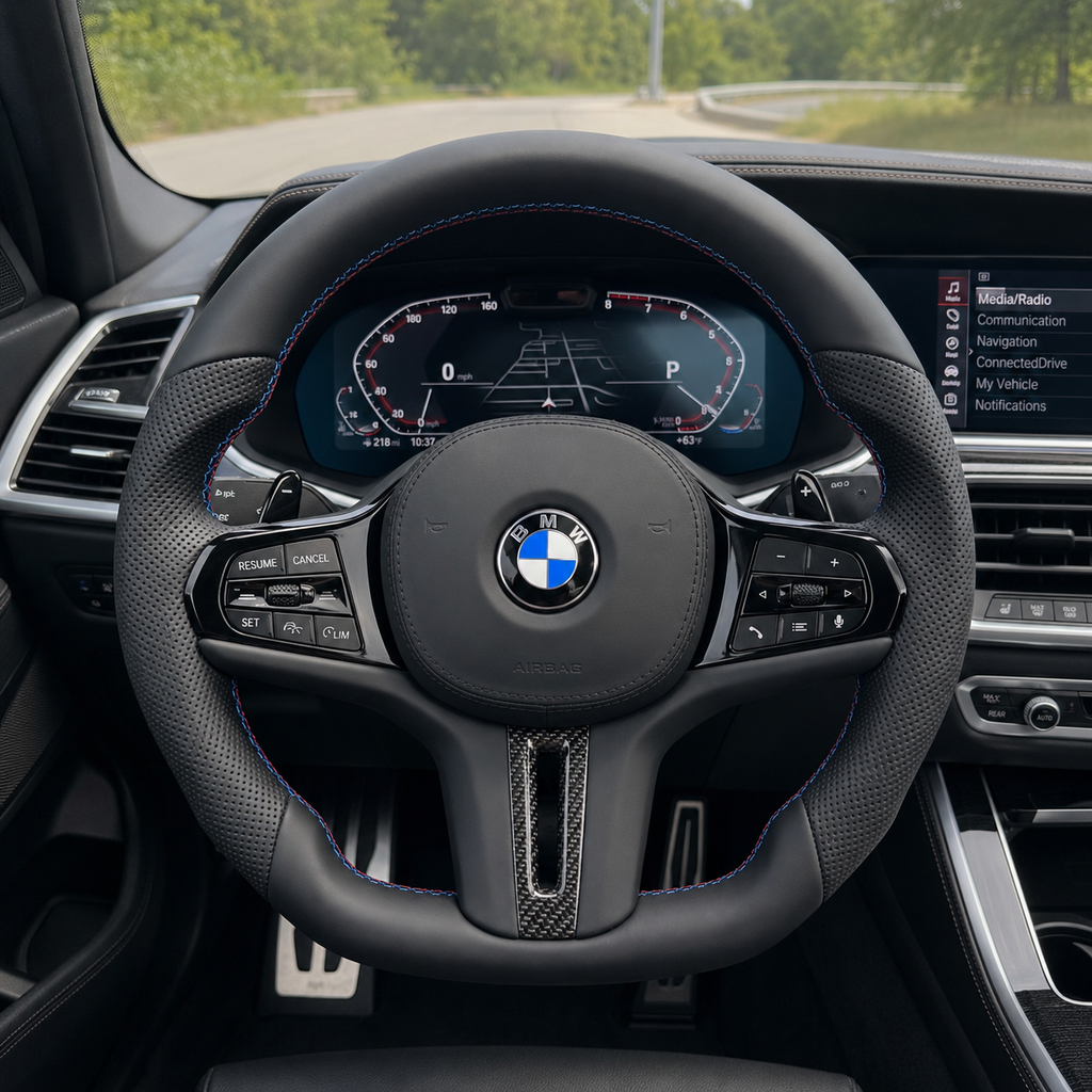 BMW leather sport steering wheel with perforated grips and M stitching installed in BMW G20 G30 G05 G06 G80 F40 F90 interior by CJ Mod Garage