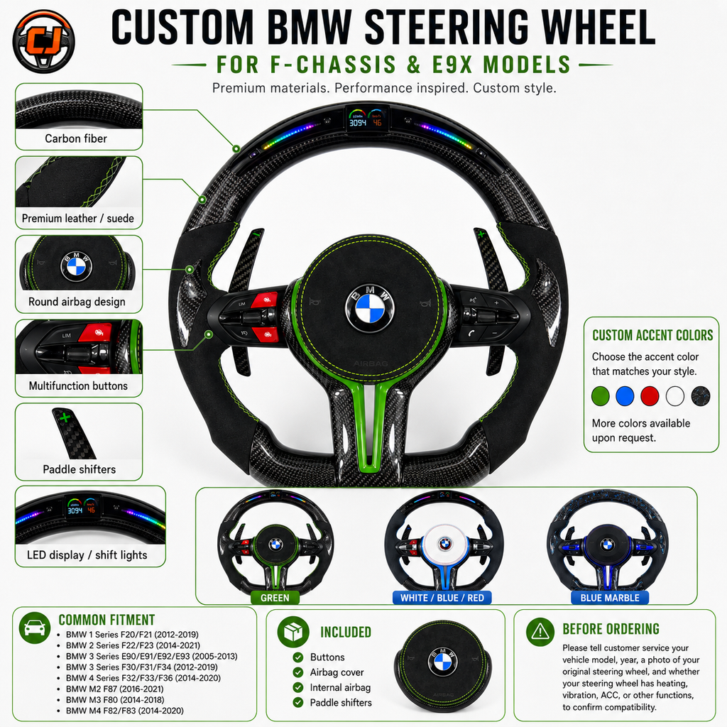BMW custom steering wheel for F-chassis and E9X models featuring gloss carbon fiber, green accent trim, Alcantara leather grips, LED display, multifunction buttons, and paddle shifters compatible with BMW F10 F11 F15 F18 F20 F23 F25 F30 F32 F35 F40 F80 E84 E87 E90 E92 E93