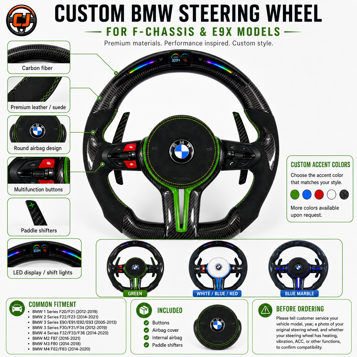 BMW custom steering wheel for F-chassis and E9X models featuring gloss carbon fiber, green accent trim, Alcantara leather grips, LED display, multifunction buttons, and paddle shifters compatible with BMW F10 F11 F15 F18 F20 F23 F25 F30 F32 F35 F40 F80 E84 E87 E90 E92 E93