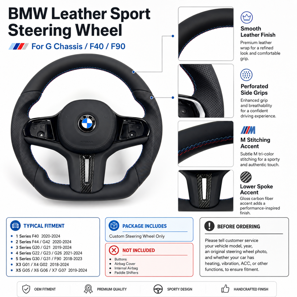 Custom BMW leather steering wheel featuring smooth leather wrap, perforated side grips and carbon lower spoke for G02 G05 G06 G22 G29 G38 G82 by CJ Mod Garage