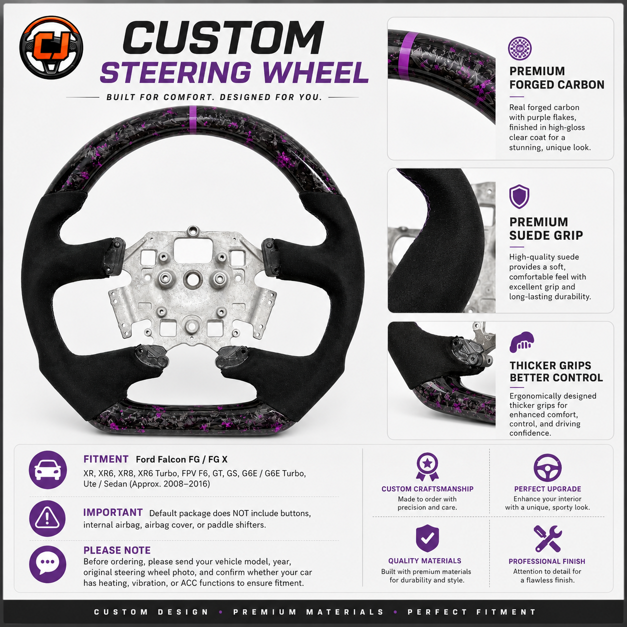 Ford Falcon FG XR XR6 XR8 custom steering wheel installed in car with purple forged carbon black suede grips and purple center stripe by CJ Mod Garage