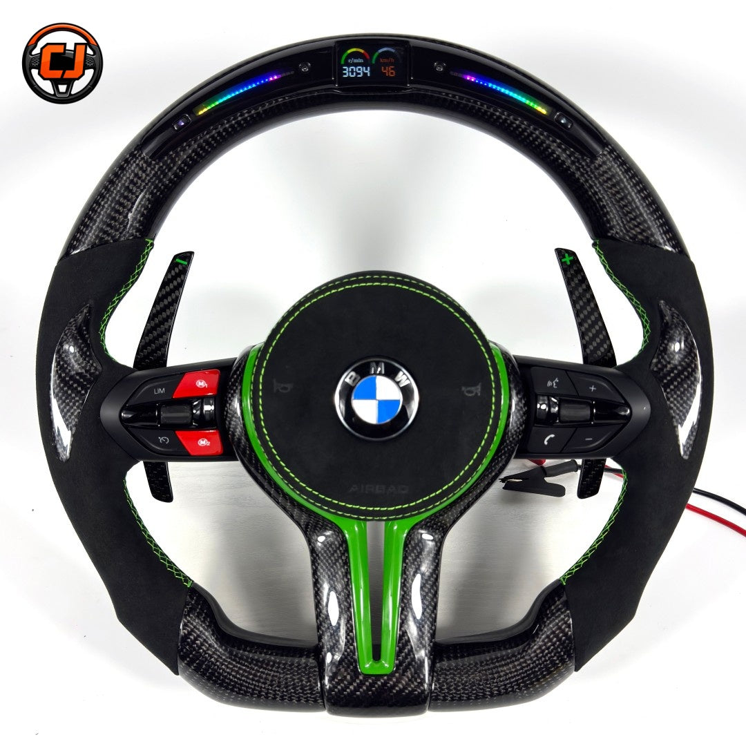 Green accent BMW custom carbon fiber steering wheel with suede grips, multifunction controls, LED shift indicator display, and sport paddle shifters for BMW F10 F11 F15 F18 F20 F23 F25 F30 F32 F35 F40 F80 E84 E87 E90 E92 E93