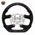 Front view of Ford Falcon FG XR XR6 XR8 custom steering wheel with purple forged carbon black suede grips and purple center stripe by CJ Mod Garage
