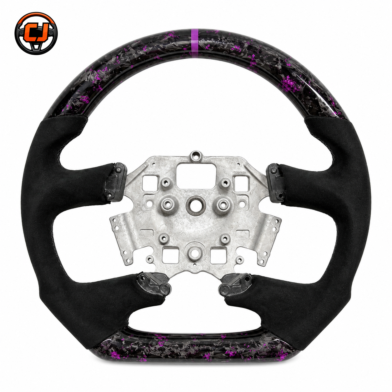 Front view of Ford Falcon FG XR XR6 XR8 custom steering wheel with purple forged carbon black suede grips and purple center stripe by CJ Mod Garage