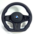BMW sport leather steering wheel with ergonomic D-shape design, blue-red M stitching and carbon fiber accent for G09 G11 G12 G15 G20 G28 F40 F90 by CJ Mod Garage