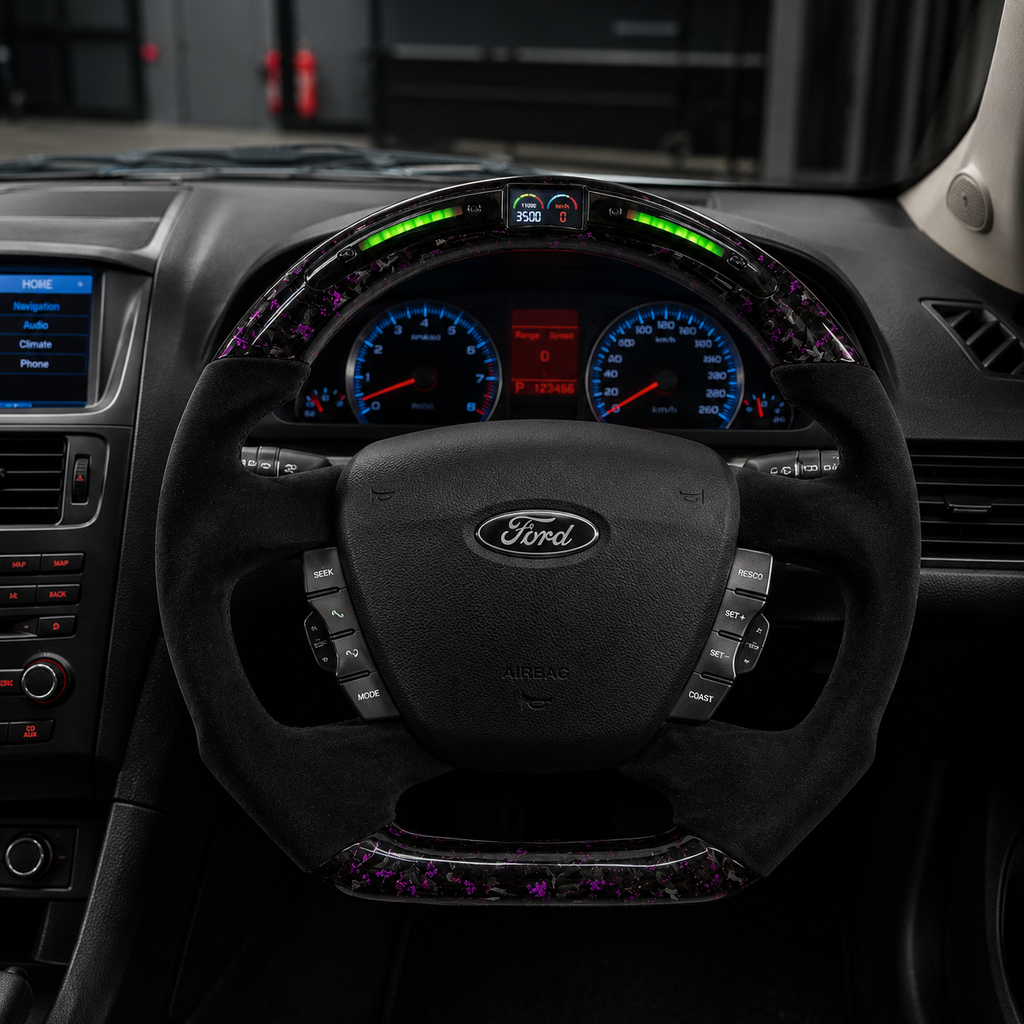 Ford Falcon FG XR XR6 XR8 custom steering wheel installed in car with LED display purple forged carbon and black suede grips by CJ Mod Garage