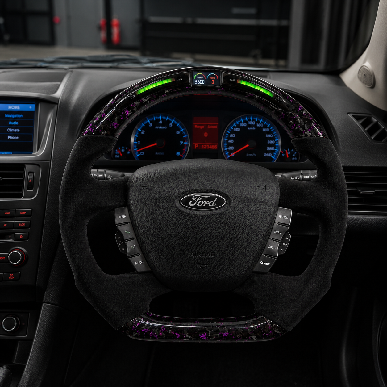 Ford Falcon FG XR XR6 XR8 custom steering wheel installed in car with LED display purple forged carbon and black suede grips by CJ Mod Garage