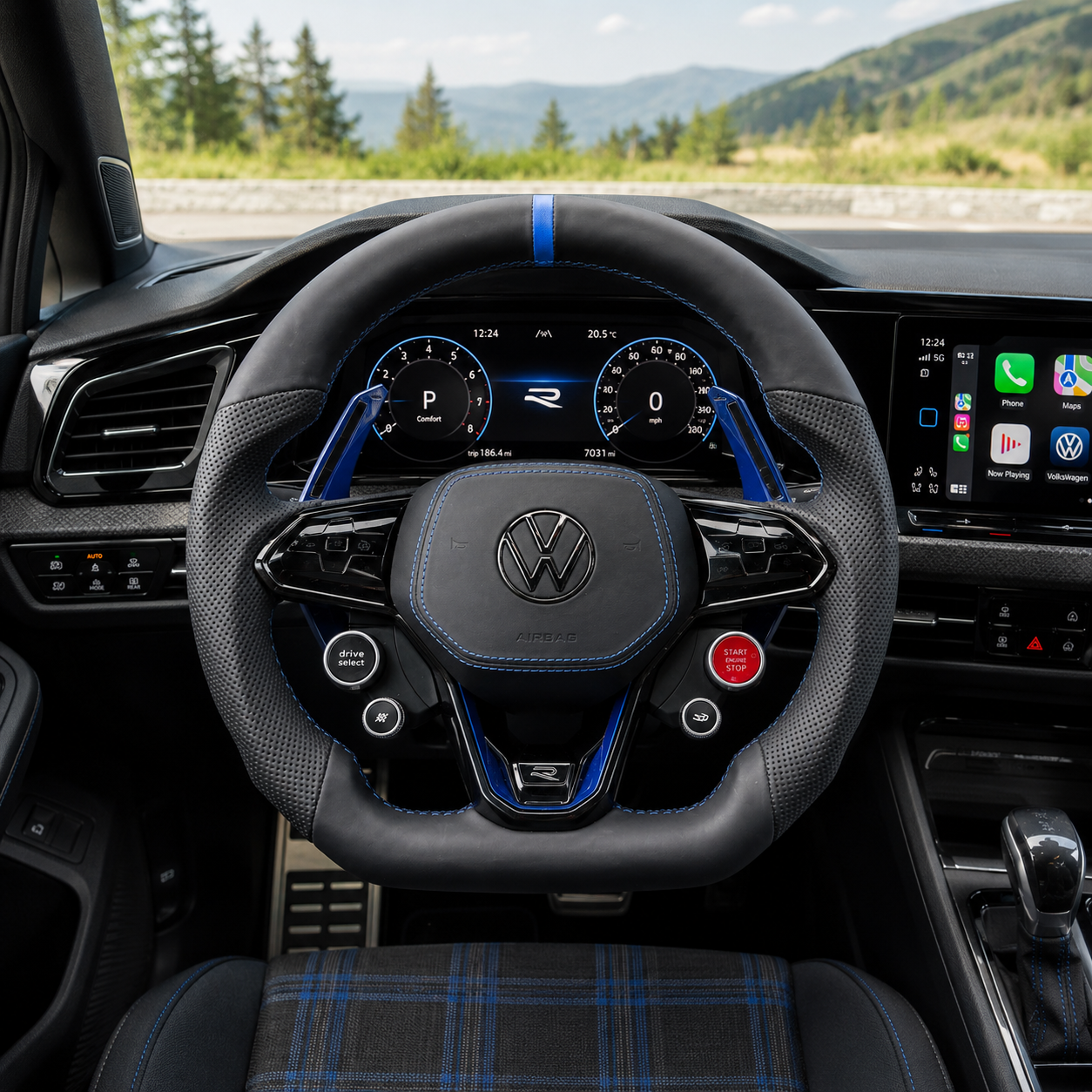 Performance steering wheel installed in modern cockpit with blue accent stripe perforated leather grips and sport controls for Golf 8 MK8 Passat Touareg Tiguan Polo GTD MK7 MK6 R Line CC Jetta by CJ Mod Garage