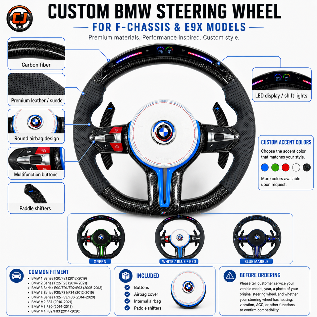 BMW custom steering wheel for F-chassis and E9X models featuring gloss carbon fiber, white and blue sport accents, LED display, multifunction buttons, paddle shifters, and premium leather grips compatible with BMW F10 F11 F15 F18 F20 F23 F25 F30 F32 F35 F40 F80 E84 E87 E90 E92 E93