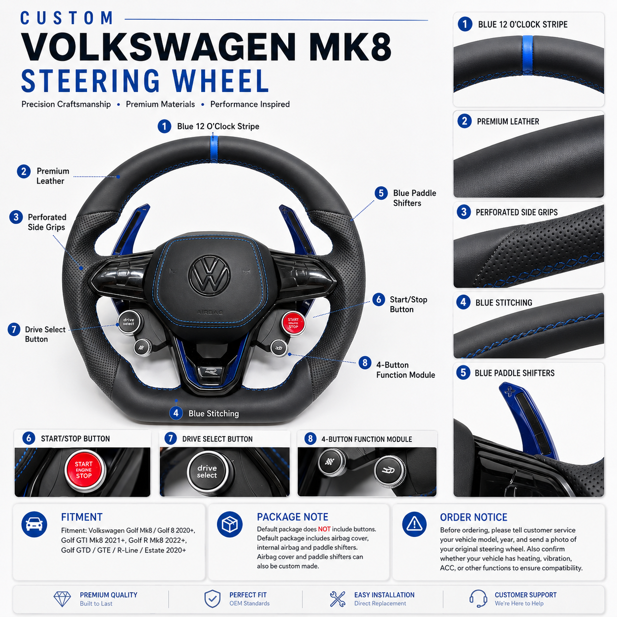 Custom leather steering wheel featuring blue stitching blue paddle shifters start stop button and flat bottom design for Golf 8 MK8 Passat Touareg Tiguan Polo GTD MK7 MK6 R Line CC Jetta by CJ Mod Garage