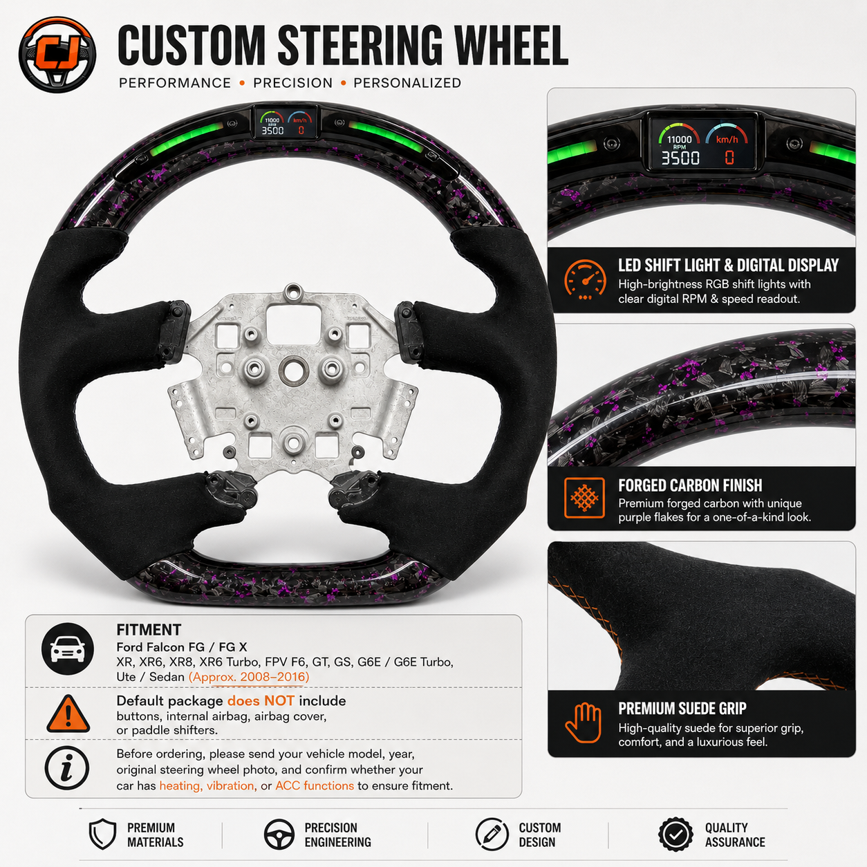 Ford Falcon FG XR XR6 XR8 custom steering wheel infographic showing LED display purple forged carbon and black suede grip details by CJ Mod Garage