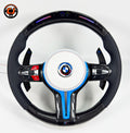White and blue BMW custom carbon fiber steering wheel with LED RPM display, perforated leather side grips, multifunction controls, and sport paddle shifters for BMW F10 F11 F15 F18 F20 F23 F25 F30 F32 F35 F40 F80 E84 E87 E90 E92 E93
