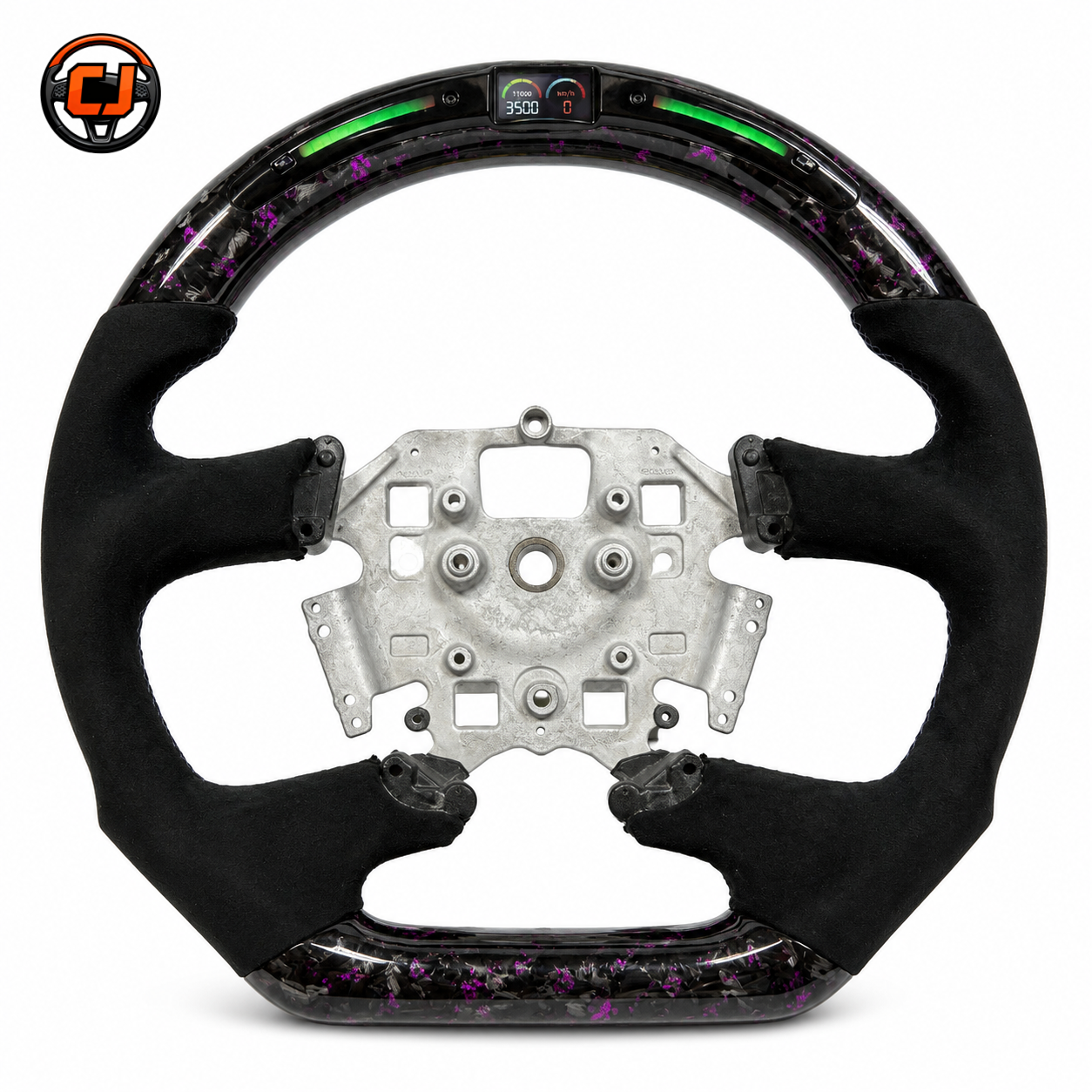 Front view of Ford Falcon FG XR XR6 XR8 custom steering wheel with LED display purple forged carbon and black suede grips by CJ Mod Garage