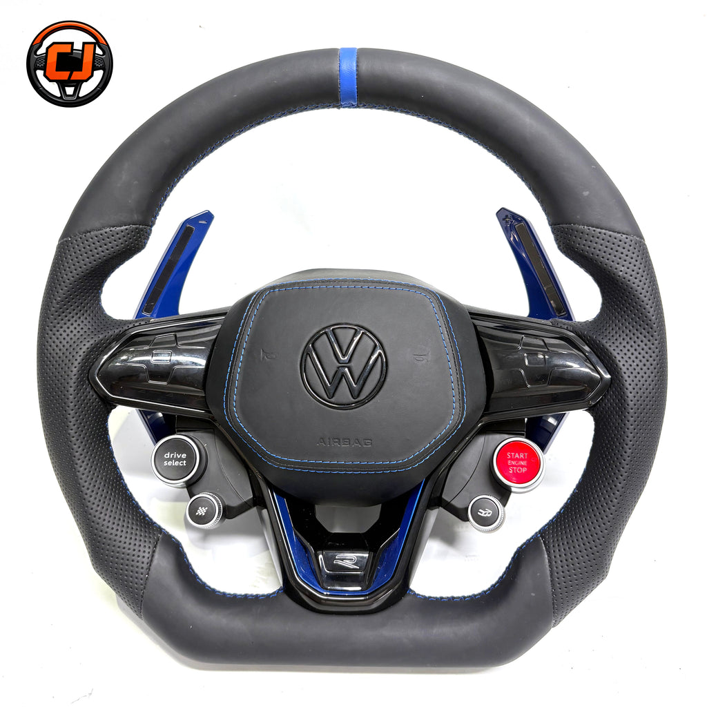 Handcrafted sport steering wheel with premium leather finish perforated side grips drive select controls and blue details for Golf 8 MK8 Passat Touareg Tiguan Polo GTD MK7 MK6 R Line CC Jetta by CJ Mod Garage