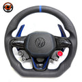 Handcrafted sport steering wheel with premium leather finish perforated side grips drive select controls and blue details for Golf 8 MK8 Passat Touareg Tiguan Polo GTD MK7 MK6 R Line CC Jetta by CJ Mod Garage