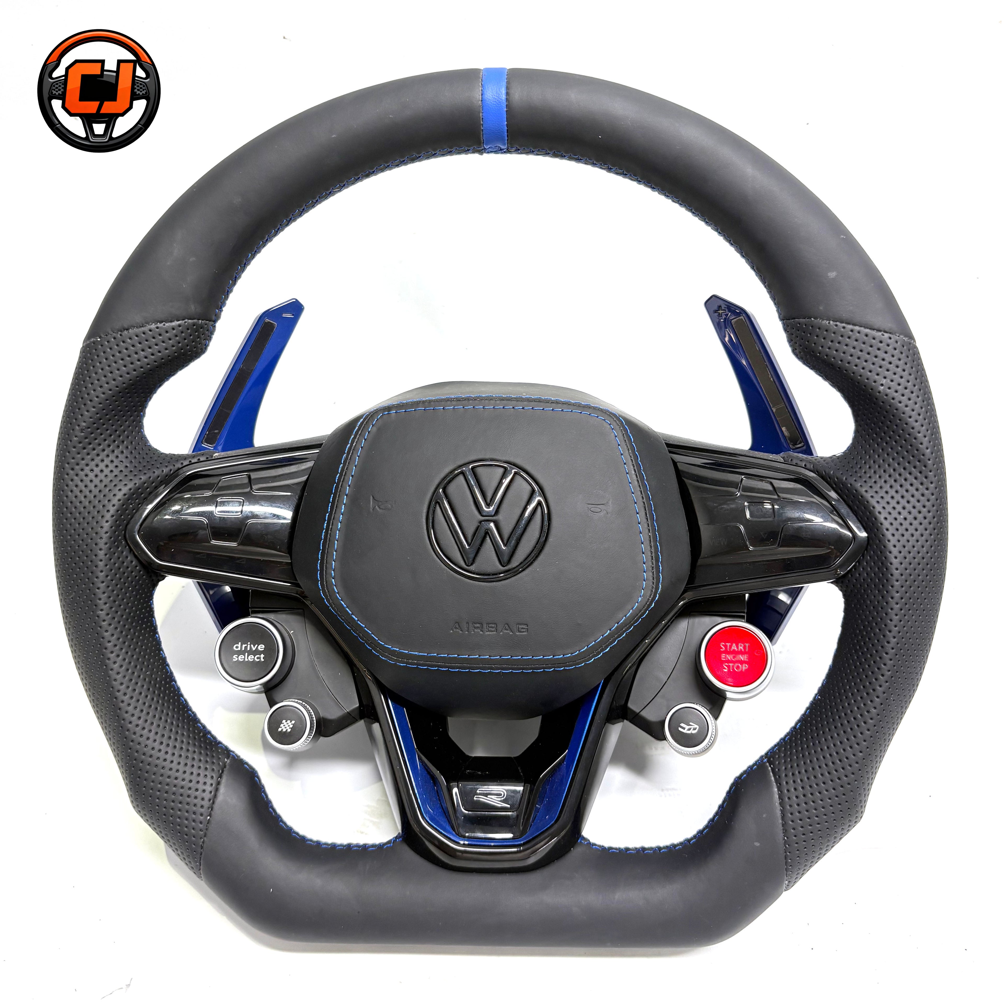 Handcrafted sport steering wheel with premium leather finish perforated side grips drive select controls and blue details for Golf 8 MK8 Passat Touareg Tiguan Polo GTD MK7 MK6 R Line CC Jetta by CJ Mod Garage
