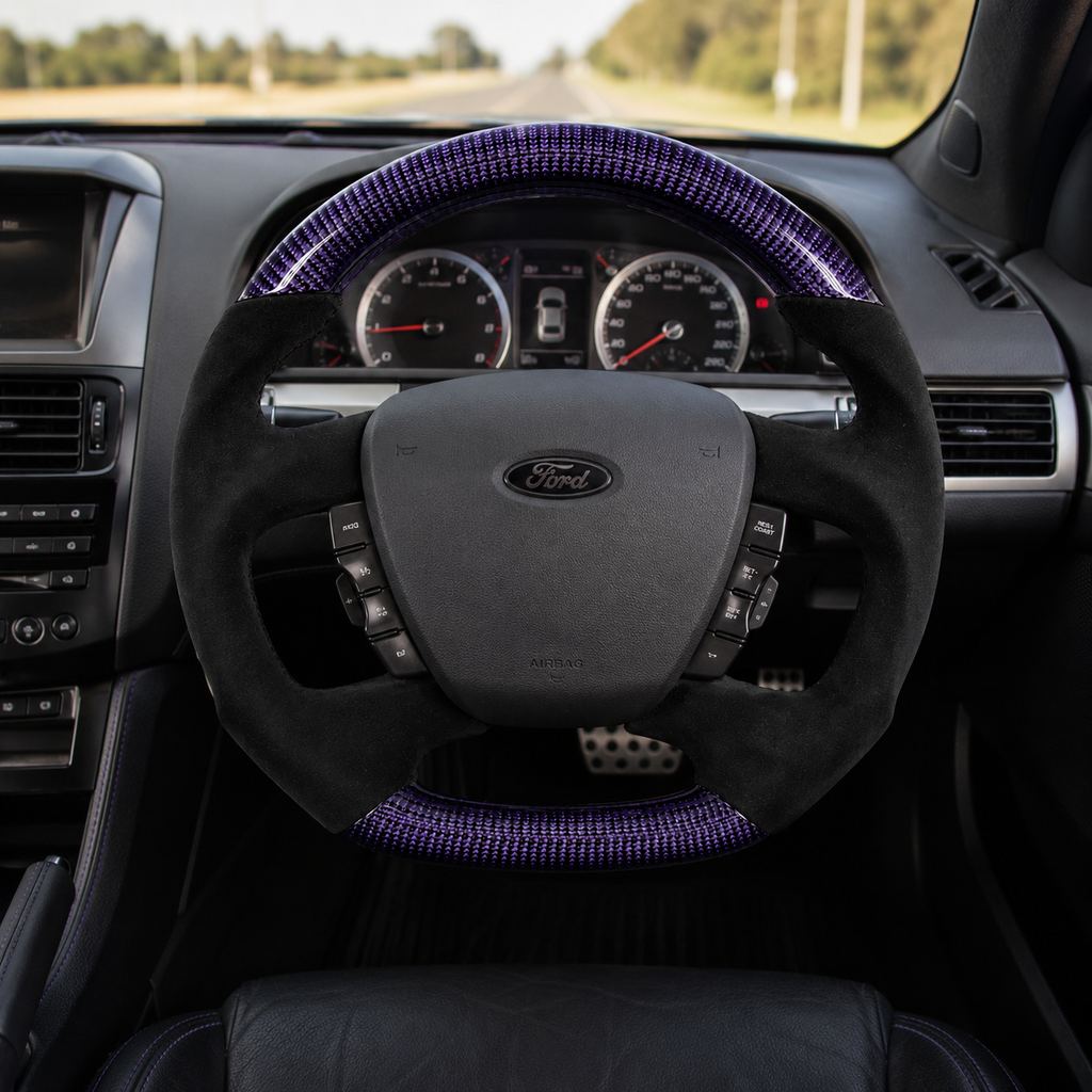 Ford Falcon FG XR XR6 XR8 custom steering wheel installed in car with purple carbon fiber and black suede grips by CJ Mod Garage