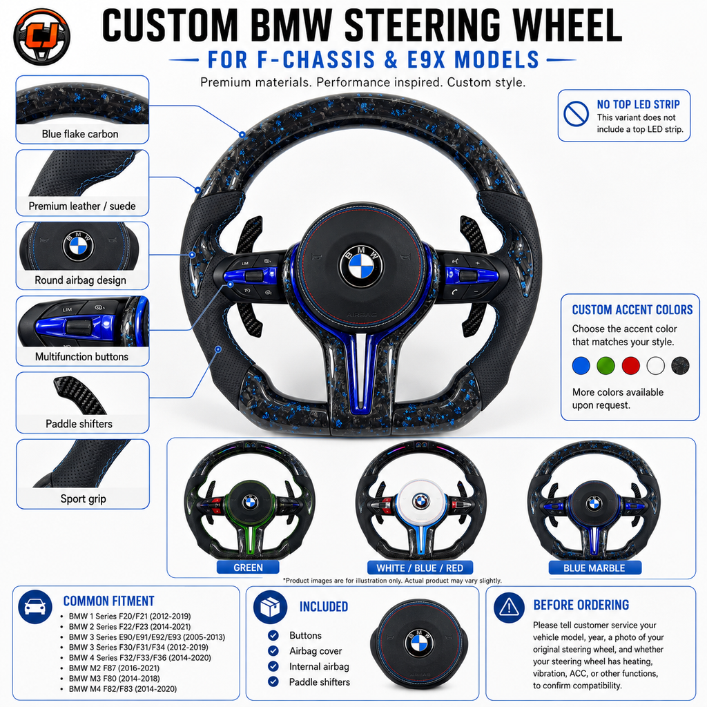 Custom BMW steering wheel for F-chassis and E9X models featuring blue flake forged carbon fiber, blue multifunction buttons, sport grip leather, carbon paddle shifters, round airbag design, and compatibility with BMW F10 F11 F15 F18 F20 F23 F25 F30 F32 F35 F40 F80 E84 E87 E90 E92 E93