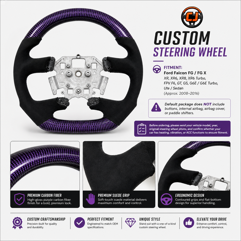 Ford Falcon FG XR XR6 XR8 custom steering wheel infographic showing purple carbon fiber black suede grips and ergonomic design by CJ Mod Garage