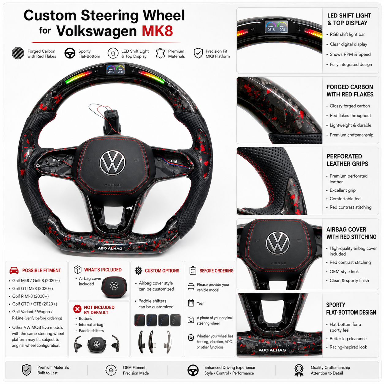 Custom forged carbon steering wheel featuring integrated LED display red contrast stitching airbag cover and sport flat bottom profile for Golf 8 MK8 Passat Touareg Tiguan Polo GTD MK7 MK6 R Line CC Jetta by CJ Mod Garage