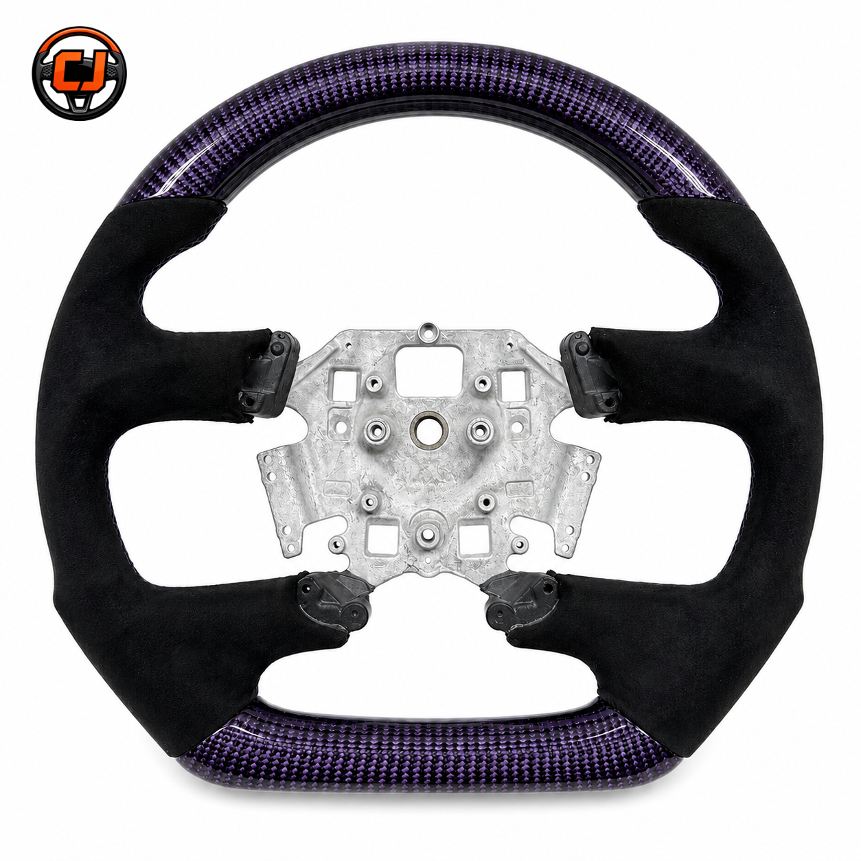 Front view of Ford Falcon FG XR XR6 XR8 custom steering wheel with purple carbon fiber and black suede side grips by CJ Mod Garage