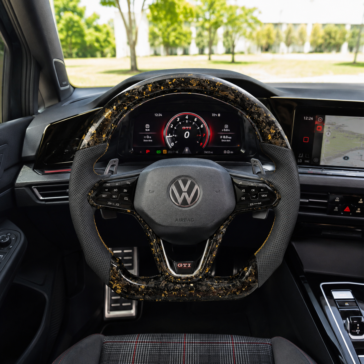 Gold flake forged carbon steering wheel installed in premium cockpit with perforated leather grips and sport styling for Golf 8 MK8 Passat Touareg Tiguan Polo GTD MK7 MK6 R Line CC Jetta by CJ Mod Garage