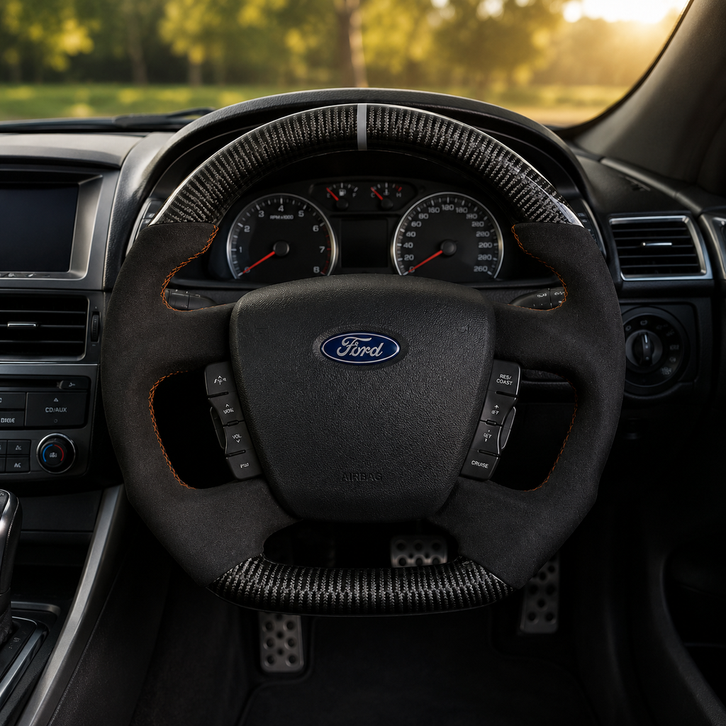 Ford Falcon FG XR XR6 XR8 custom steering wheel installed in car with carbon fiber black suede grips and orange stitching by CJ Mod Garage