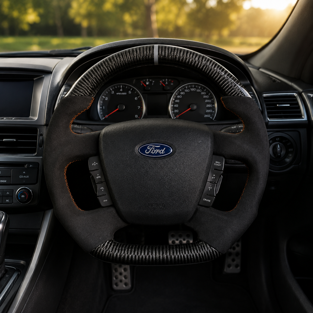 Ford Falcon FG XR XR6 XR8 custom steering wheel installed in car with carbon fiber black suede grips and orange stitching by CJ Mod Garage