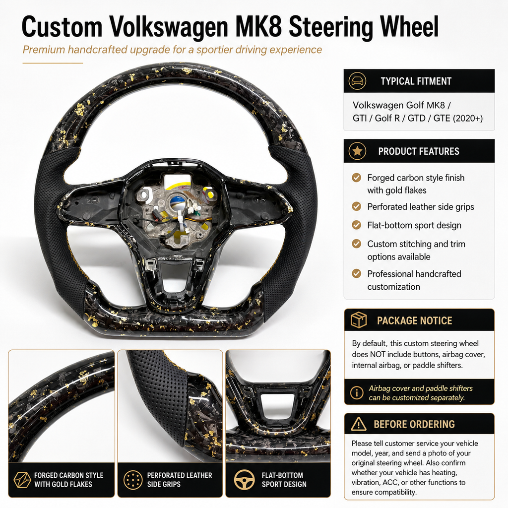 Custom steering wheel featuring forged carbon finish with gold flakes ergonomic leather sections and flat bottom profile for Golf 8 MK8 Passat Touareg Tiguan Polo GTD MK7 MK6 R Line CC Jetta by CJ Mod Garage