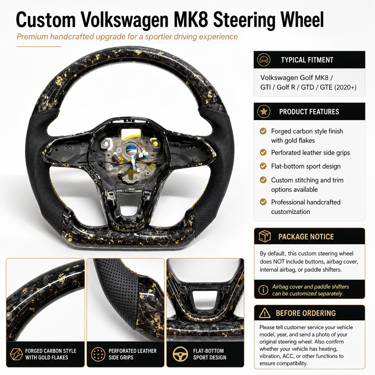 Custom steering wheel featuring forged carbon finish with gold flakes ergonomic leather sections and flat bottom profile for Golf 8 MK8 Passat Touareg Tiguan Polo GTD MK7 MK6 R Line CC Jetta by CJ Mod Garage