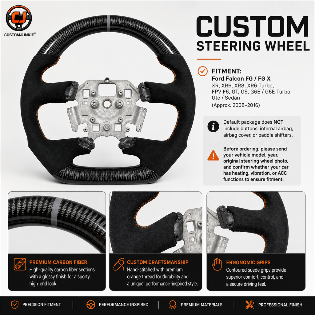 Ford Falcon FG XR XR6 XR8 custom steering wheel infographic showing carbon fiber black suede grips and orange stitching by CJ Mod Garage