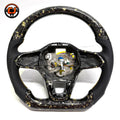 Handcrafted sport steering wheel with black forged carbon gold flake accents perforated side grips and OEM fitment for Golf 8 MK8 Passat Touareg Tiguan Polo GTD MK7 MK6 R Line CC Jetta by CJ Mod Garage