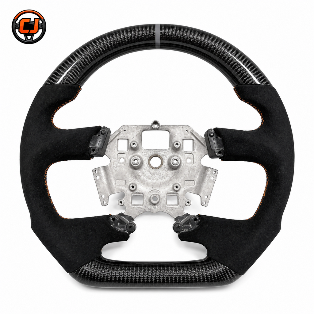 Front view of Ford Falcon FG XR XR6 XR8 custom steering wheel with carbon fiber black suede grips and orange stitching by CJ Mod Garage