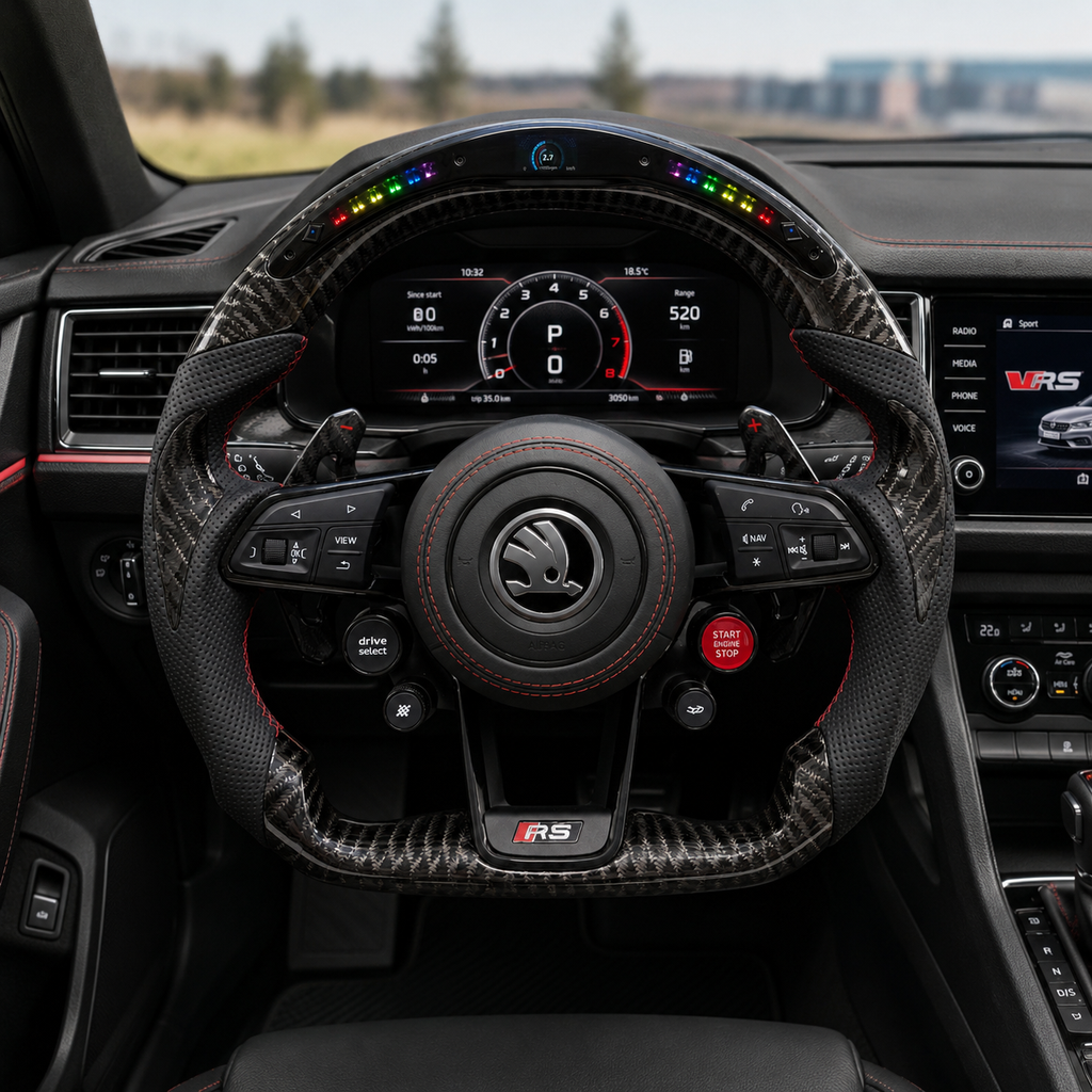 Custom Skoda RS steering wheel with LED shift light display carbon fiber finish perforated leather grips for Skoda Octavia RS 2014~2020 Superb 2015 ~ 2023 Kodiaq 2017~2024 by CJ Mod Garage