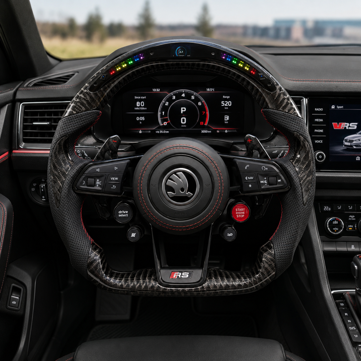 Custom Skoda RS steering wheel with LED shift light display carbon fiber finish perforated leather grips for Skoda Octavia RS 2014~2020 Superb 2015 ~ 2023 Kodiaq 2017~2024 by CJ Mod Garage