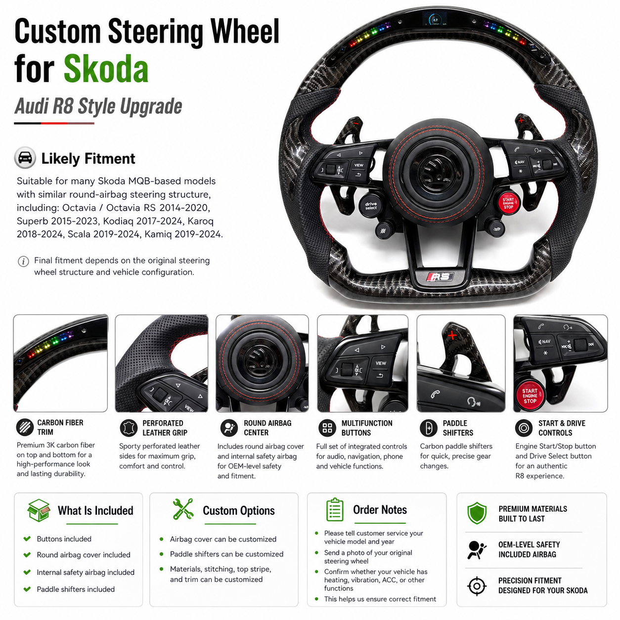 Performance steering wheel upgrade featuring carbon fiber trim LED display paddle shifters multifunction controls for Skoda Octavia RS 2014 ~2020 Superb 2015 ~2023 Karoq 2018 ~2024 by CJ Mod Garage