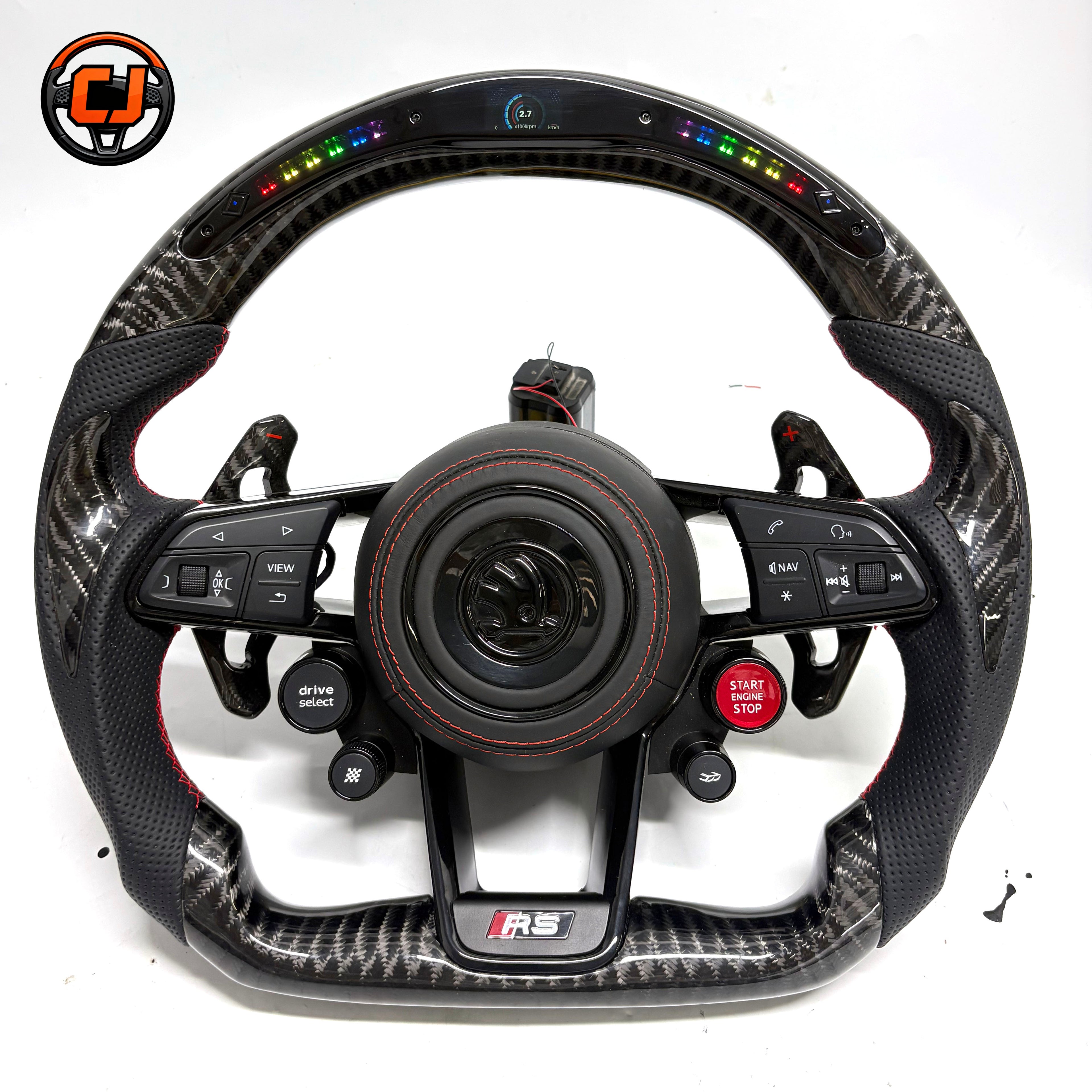 Handcrafted flat bottom steering wheel with integrated start stop button carbon fiber construction and sport styling for Skoda Kodiaq 2017~2024 Kamiq 2019 ~2024 Scala 2019 ~2024 by CJ Mod Garage