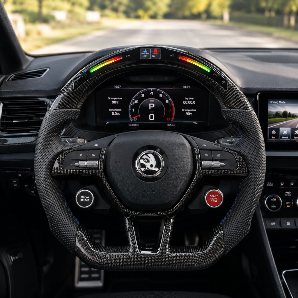 Custom Skoda carbon fiber steering wheel with LED shift indicator display perforated leather grips and sport flat bottom design for Octavia MK3 vRS 2014 2020 Superb 3V 2015 2023 by CJ Mod Garage