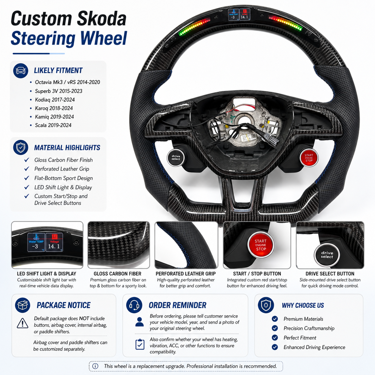 Performance Skoda steering wheel upgrade featuring gloss carbon fiber LED telemetry display drive select control and start stop button for Kodiaq 2017 2024 Karoq 2018 2024 by CJ Mod Garage