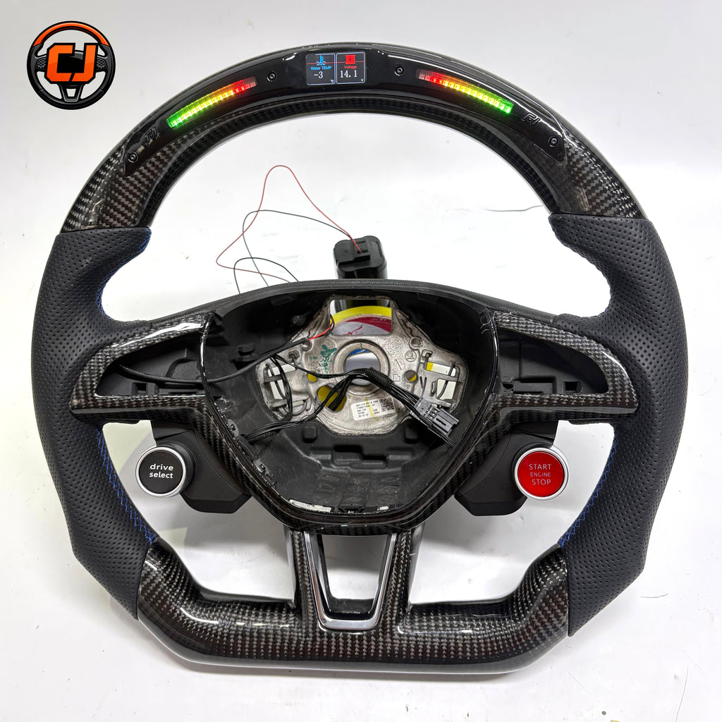 Handcrafted Skoda flat bottom steering wheel with integrated LED shift lights carbon fiber frame and premium perforated leather sections for Kamiq 2019 2024 Scala 2019 2024 by CJ Mod Garage
